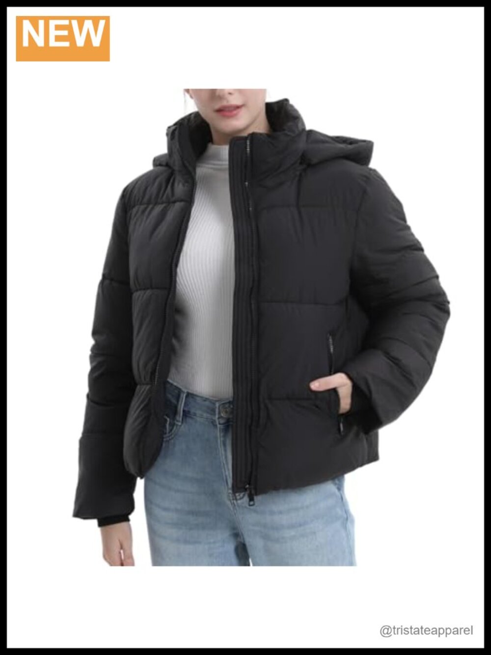 Cropped Puffer Jacket Warm Winter Quilted Coat Removable Hood Zip Pockets